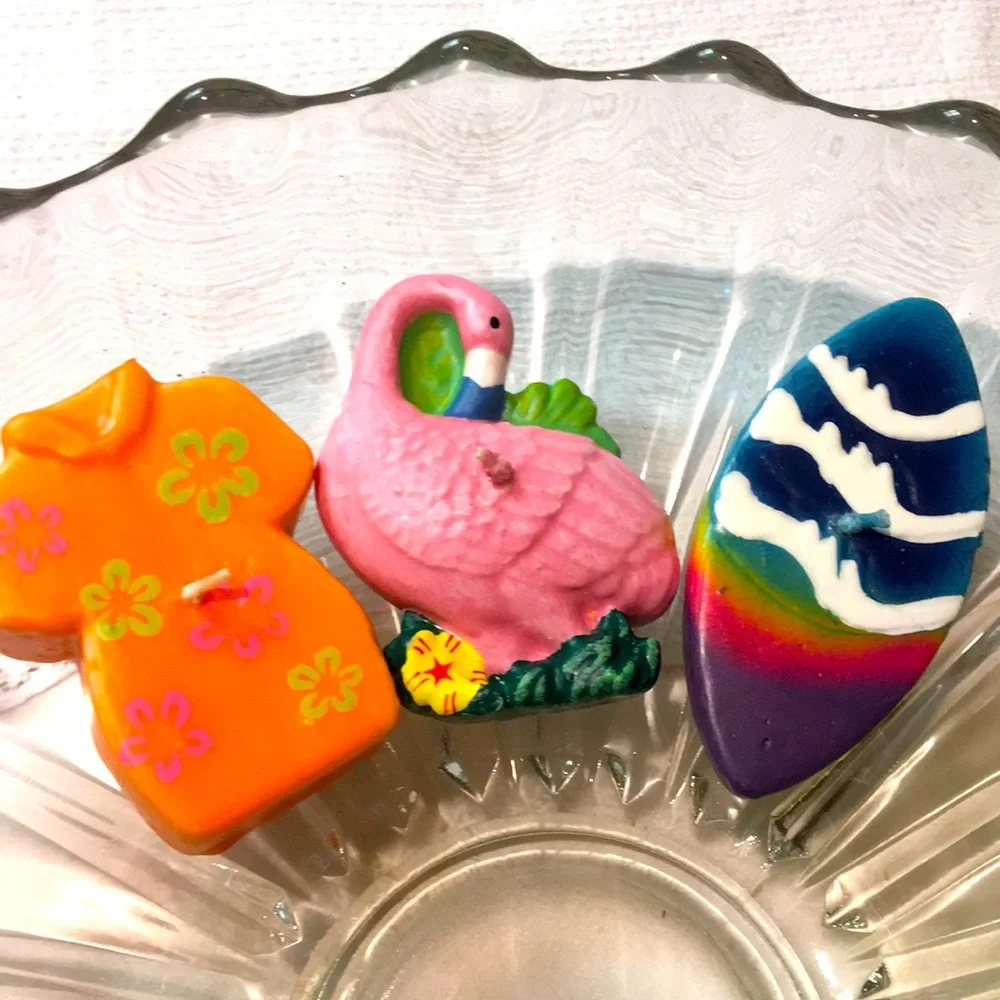 Set/9 FLOATING SUMMER SEASIDE CANDLES 🏄‍♀️🦩🌺👙👒🌼🪸👚